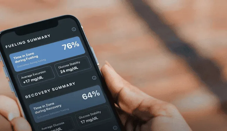 Smartphone screen showing a glucose monitoring app's fuelling and recovery percentage summaries