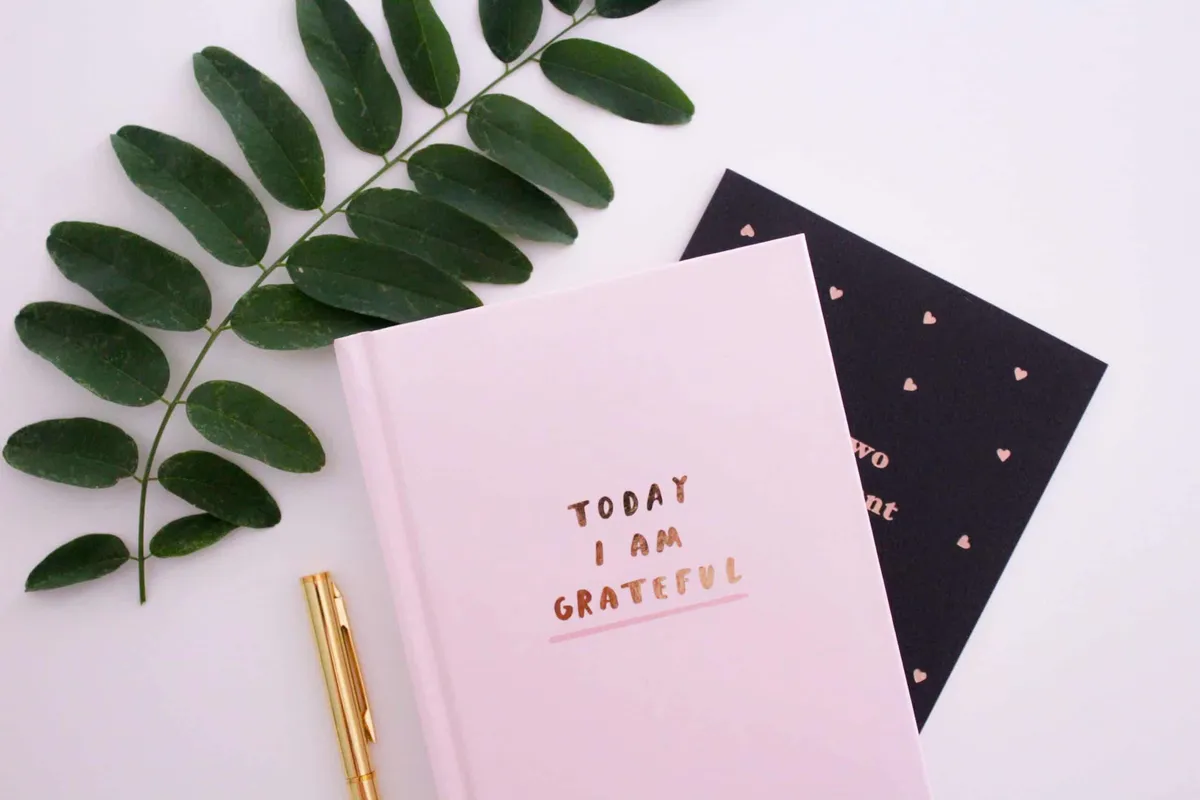 A pink journal reading 'Today I Am Grateful' beside a pen and green leaves