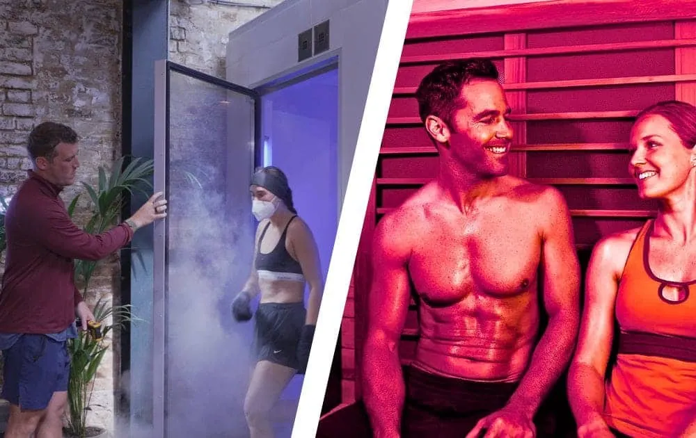Split image of a man opening a cryotherapy chamber door beside a smiling couple in an infrared sauna