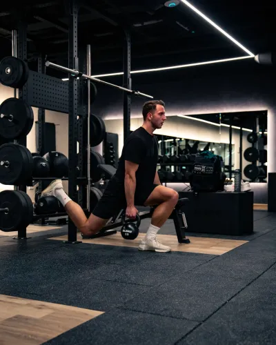 A man performs a single-leg kettlebell exercise on a bench in the strength area at The FIT Partnership