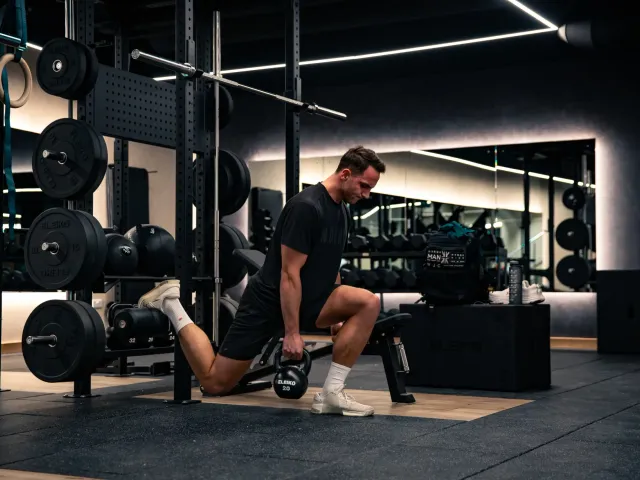 A member performs a weighted lunge in the gym at The FIT Partnership