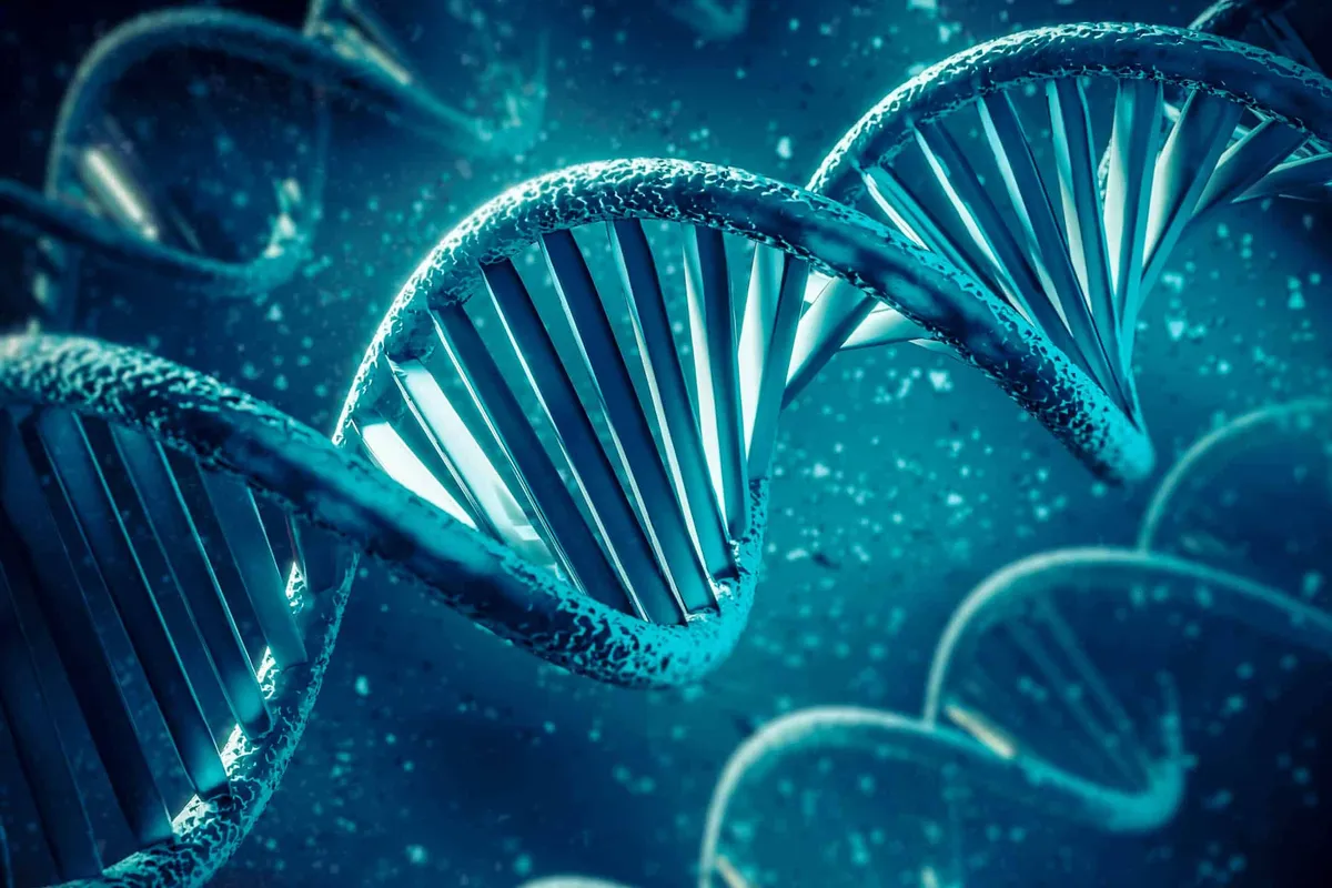 Close-up 3D illustration of a DNA double helix strand